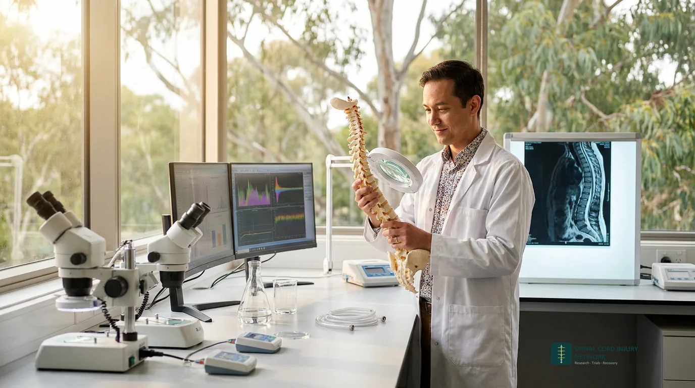 Spinal cord injury researcher examining a spine model in a modern Australian neuroscience laboratory