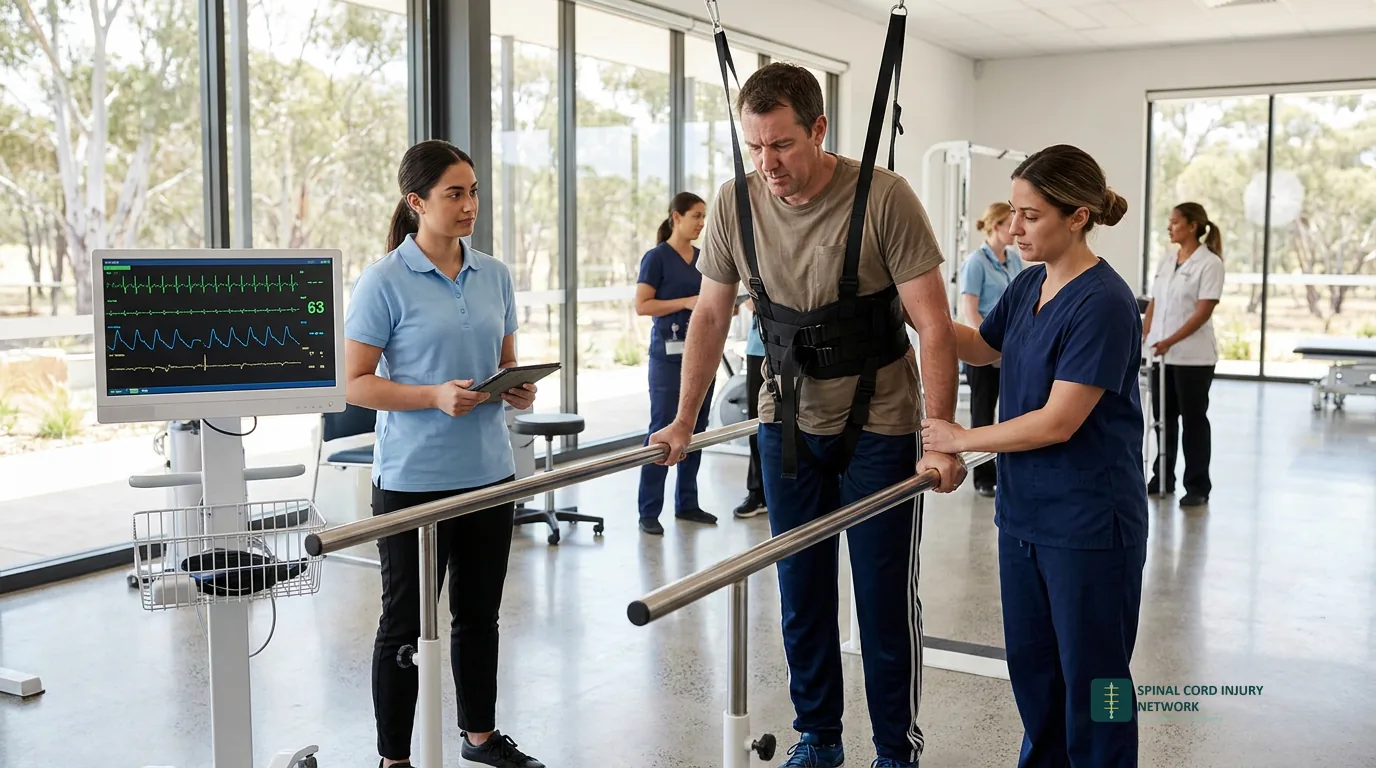 Physiotherapist assisting a spinal cord injury patient with rehabilitation exercises in a modern Australian hospital facility