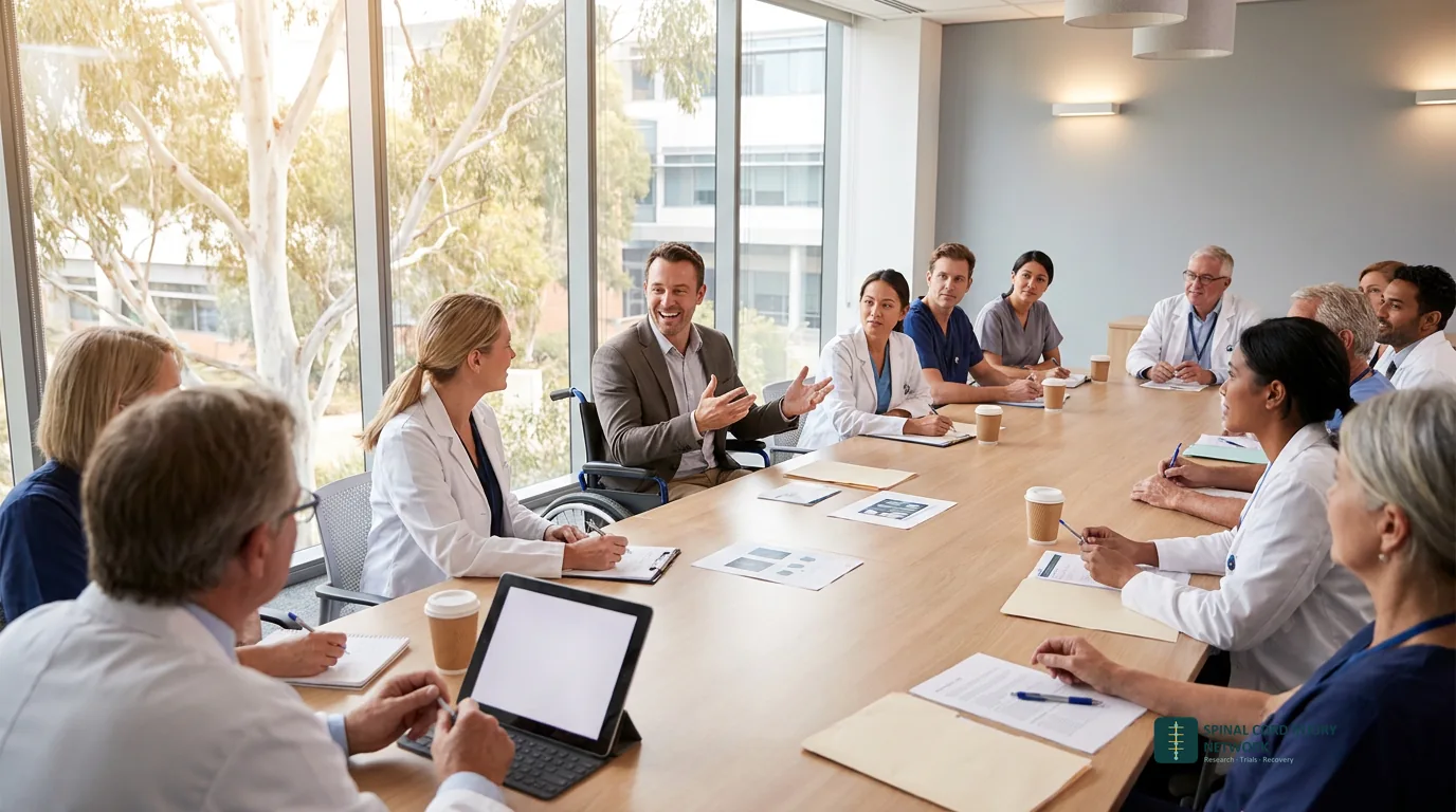 Diverse team of researchers, clinicians and community members collaborating in an Australian hospital conference room